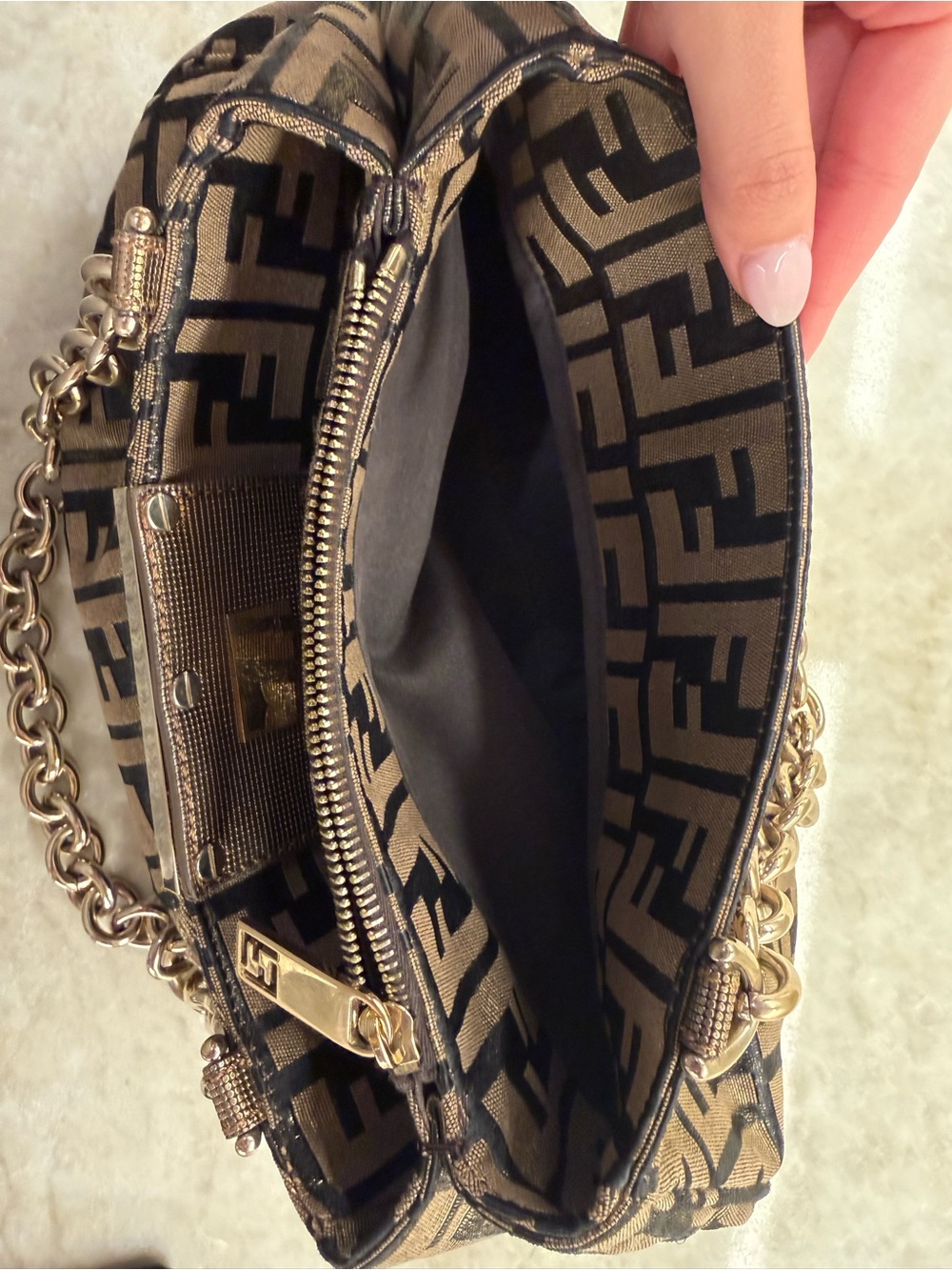 Fendi Black and Brown Zucca FF Logo Chain Shoulder Bag - Picture 3 of 12